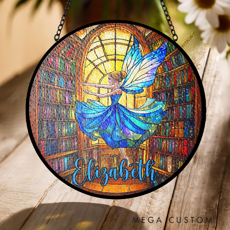 Personalized Fairy Stained Glass Suncatcher with Name Bookish Bookshelf Window Hanging Book Club Decor for Book Lover Gift Librarian Gift