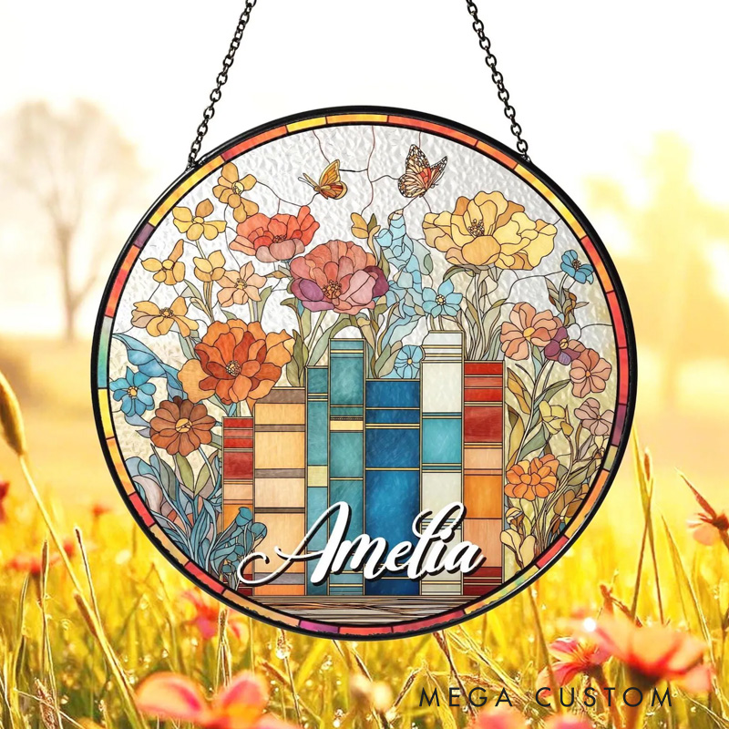 Personalized Flower Book Stained Glass Suncatcher with Name Book Window Hanging Library Decor for Book Lover Gift Librarian Gift