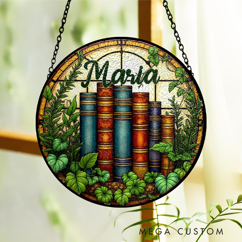 Personalized Bookshelf Stained Glass Suncatcher with Name Botanical Vintage Library Window Hanging Art for Book Lover Gift Librarian Gift