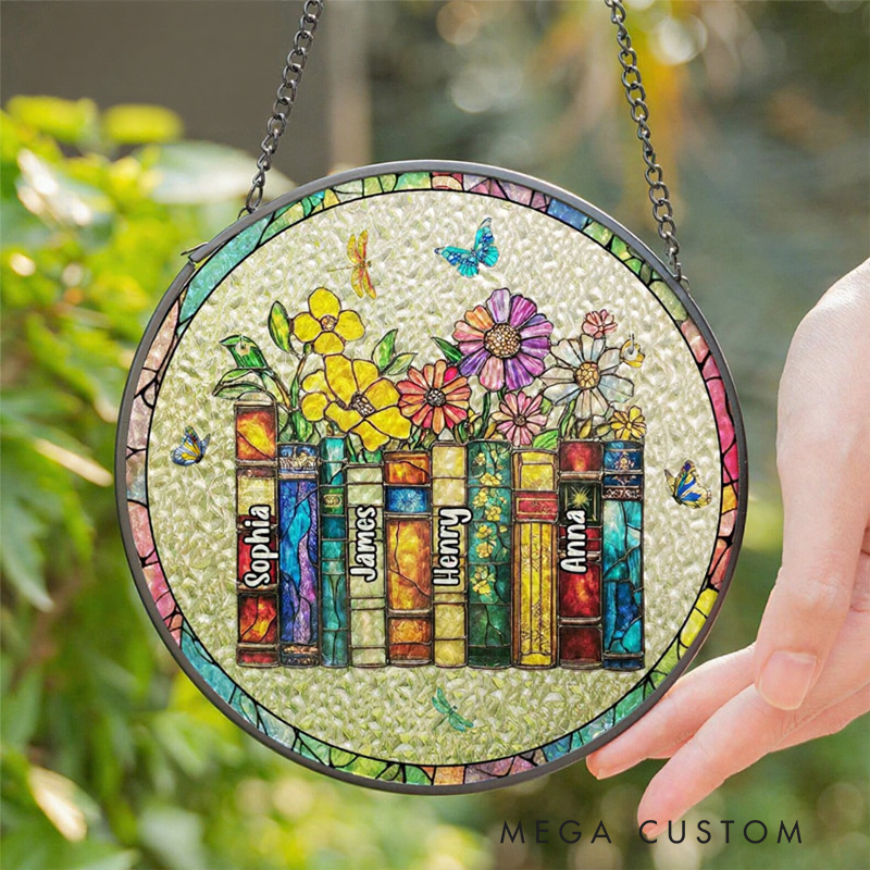 Personalized Name Flower Book Stained Glass Suncatcher Book Club Suncatcher Library Window Hanging for Book Lover Gift Librarian Gift