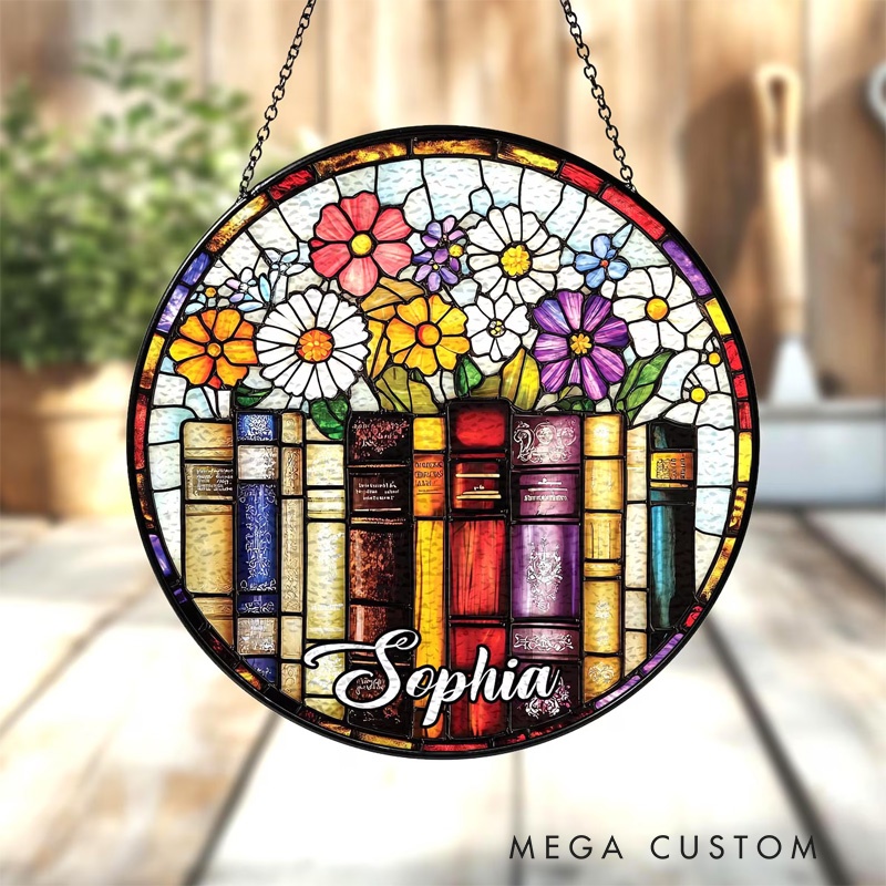 Personalized Flower Book Stained Glass Suncatcher Book Club Suncatcher Bookish Library Decor with Name for Book Lover Gift Librarian Gift