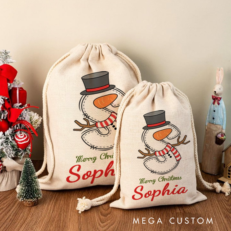 Personalized Cartoon Snowman Initial Santa Sack Drawstring Gift Bag with Name Merry Christmas Party Favors 