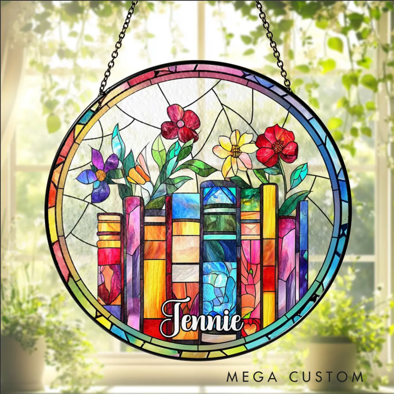 Personalized Floral Book Stained Glass Suncatcher Librarian Suncatcher with Name Bookish Window Decor for Book Lover Gift Librarian Gift