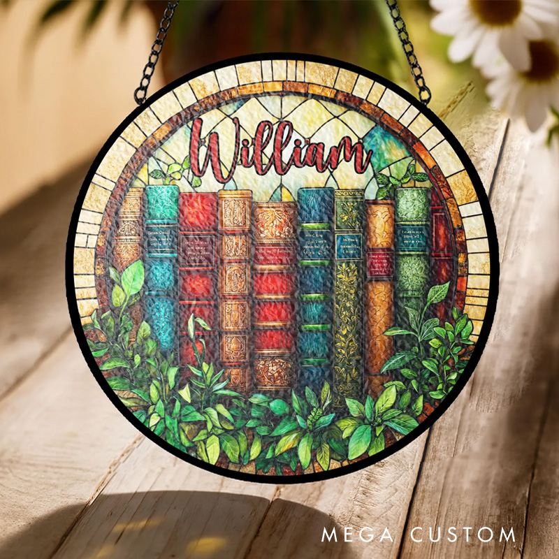 Personalized Vintage Book Stained Glass Suncatcher Library Window Art with Name Bookish Window Hanging for Book Lover Gift Librarian Gift