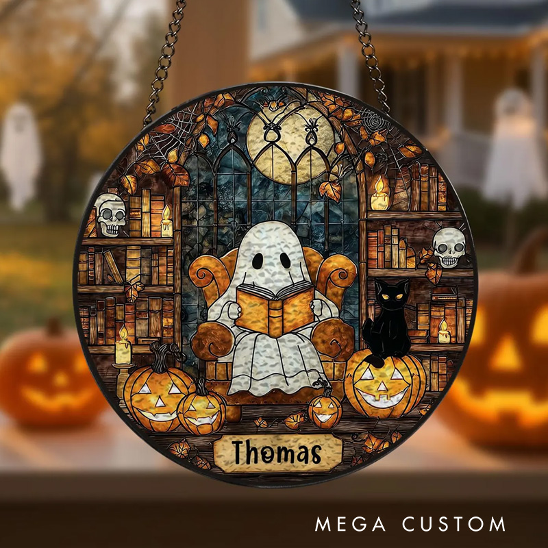 Personalized Ghost Reading Book Stained Glass Suncatcher Ghost Gothic Halloween Window Decor with Name for Book Lover Gift Librarian Gift