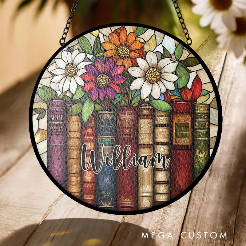 Personalized Flower Book Stained Glass Suncatcher Faux Glass Window Hanging Decor with Name for Book Lover Gift Librarian Gift