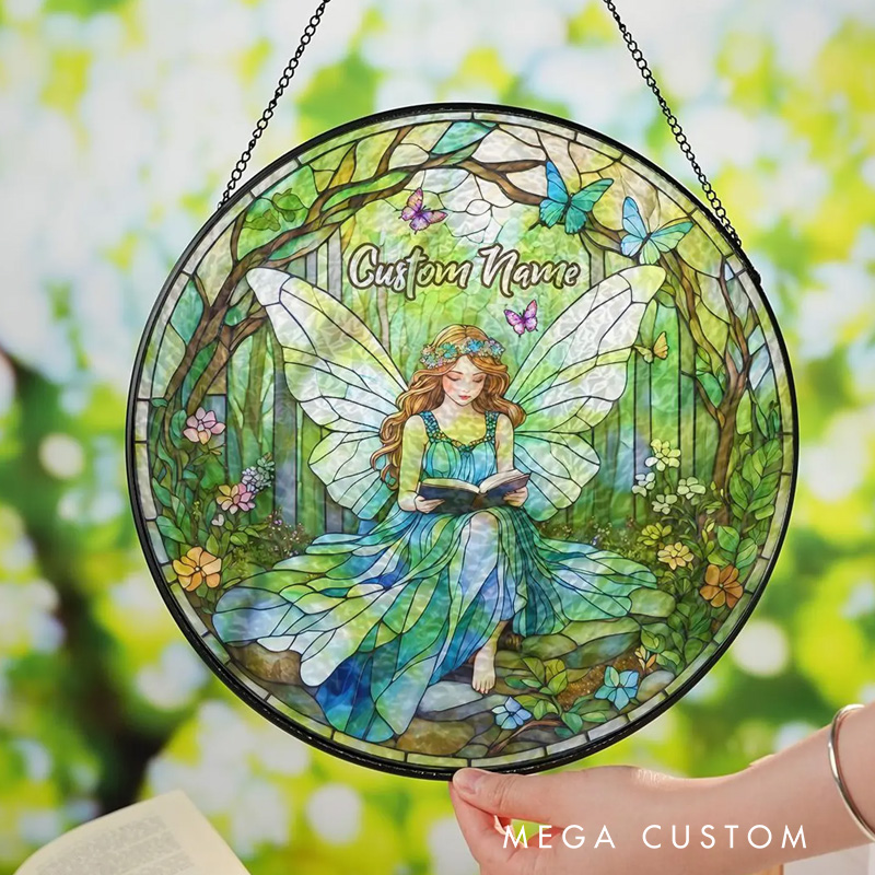 Personalized Butterfly Fairy Reading Book Stained Glass Christmas Fairy Window Hanging Decor with Name for Book Lover Gift Librarian Gift