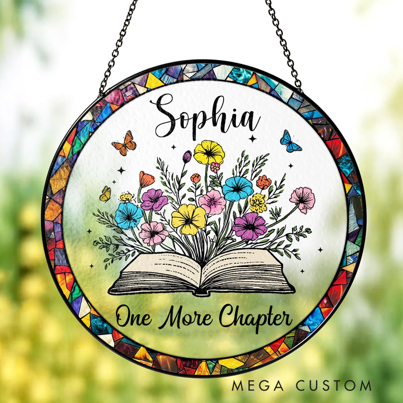 Personalized One More Chapter Stained Glass Floral Book Window Hanging Decor with Name for Book Lover Gift Librarian Gift