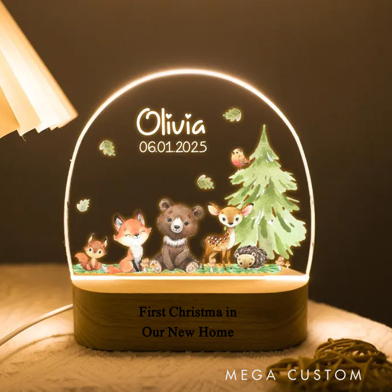 Personalized First Christmas in Our New Home LED Night Light Custom Woodland Animal Design with Name and Date Perfect for Housewarming Gift Home Decor Keepsake