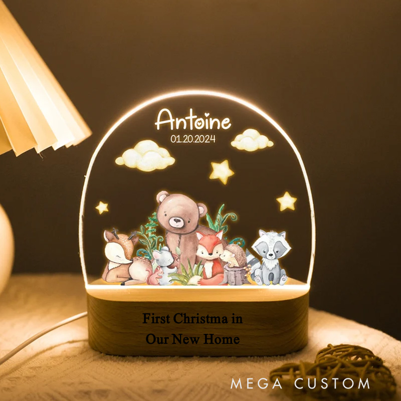 Personalized First Christmas in Our New Home LED Night Light Custom Forest Animal Design with Name and Date Perfect for Housewarming Gift Home Decor Keepsake