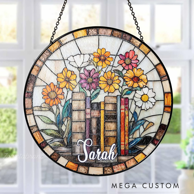 Personalized Book Lover Stained Glass Suncatcher Floral Book Window Hanging with Name Bookish Suncatcher for Book Lover Gift Librarian Gift