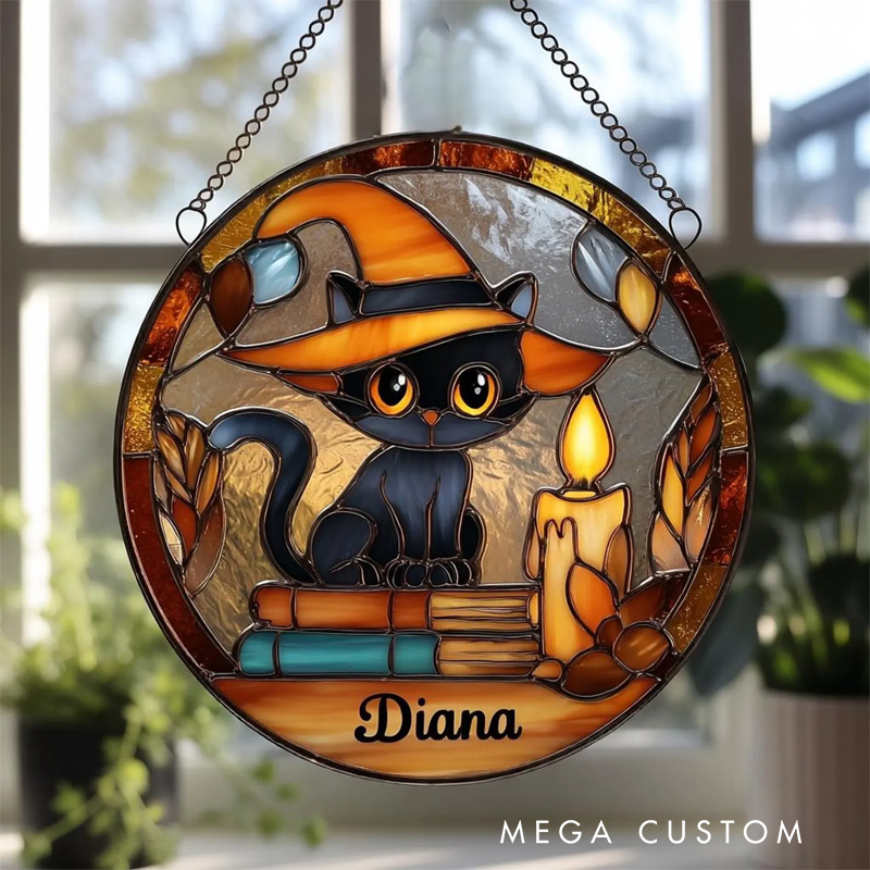 Personalized Black Cat on Book Stained Glass Suncatcher Spooky Cat Window Hanging Halloween Suncatcher for Book Lover Gift Librarian Gift