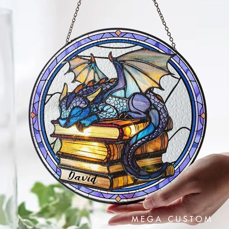 Personalized Book Dragon Stained Glass Suncatcher Fantasy Dragon Window Hanging Bookish Art Decor for Book Lover Gift Librarian Gift
