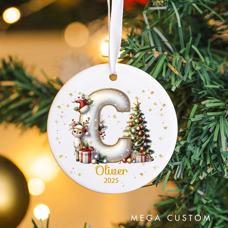 Personalized Reindeer Christmas Tree Initial Heart-shaped Ceramic Christmas Ornament with Name and Year Christmas Decor Gift for Family Friends