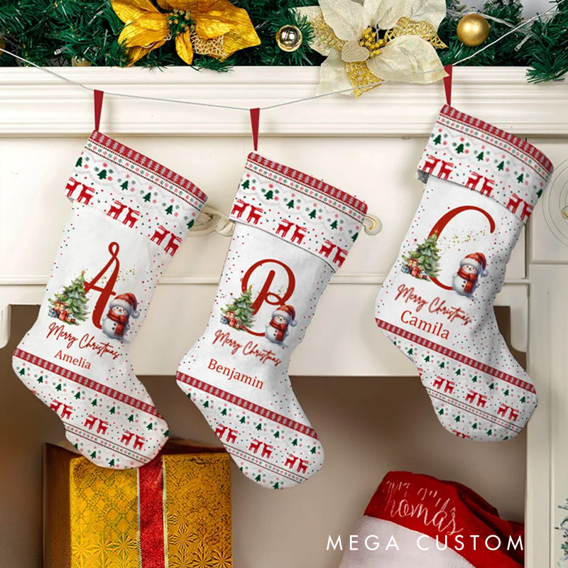 Personalized Cute Holly Hat Snowman Merry Christmas Stocking with Initial and Name Holiday Tree Fireplace Decor Family Party Gift