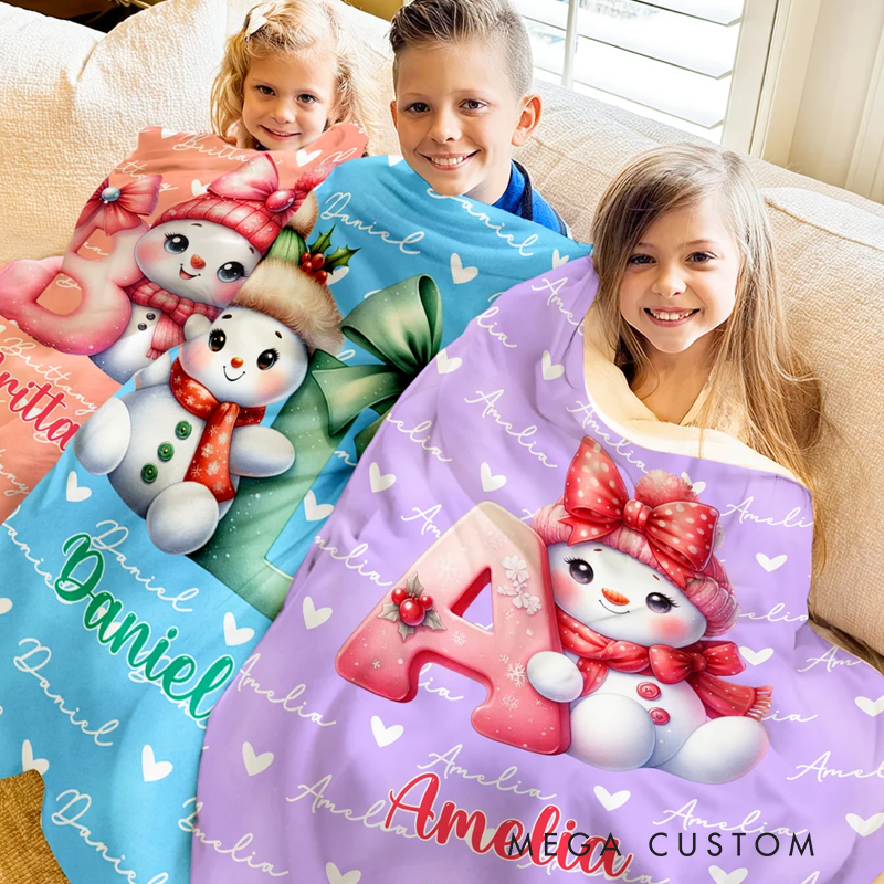 Personalized Santa Hat Snowman Initial Word Cloud Soft Throw Blanket with Name Home Decor Christmas Gift