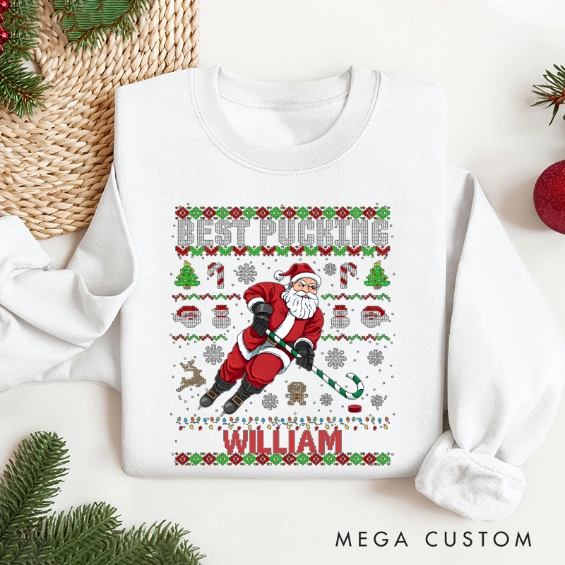 Personalized "Best Pucking" Hockey Christmas Sweater with Custom Name