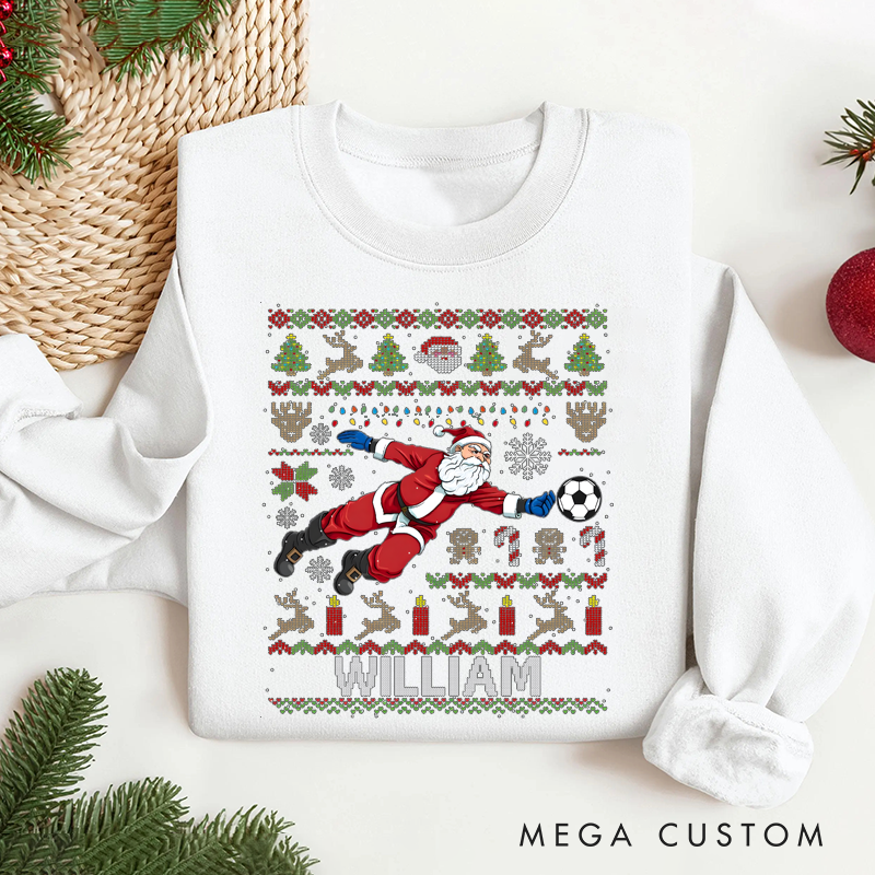 Personalized Soccer Christmas Sweater with Santa Design and Custom Name