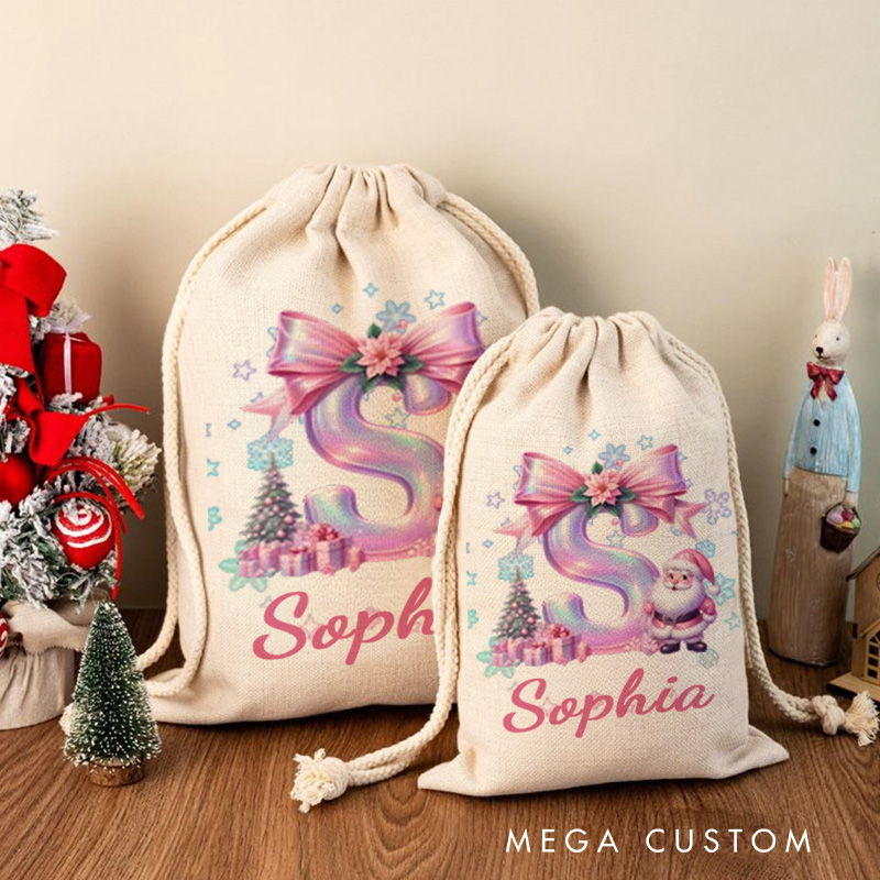 Personalized Christmas Cartoon Character Christmas Sack with Glitter Pink Bow Initial and Name Christmas Gift