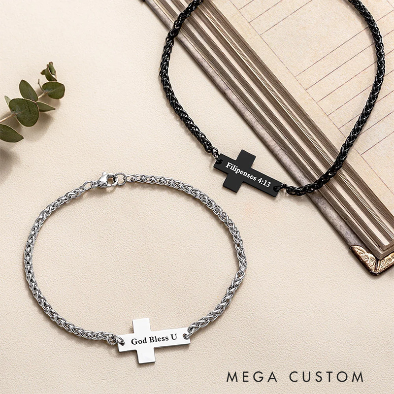Personalized Cross Pendant Bracelet with Engraved Text Religious Jewelry Baptism Prayer Birthday Gift for Christians