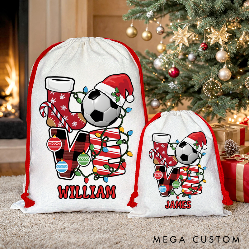 Personalized Christmas Sack with Soccer "LOVE" Design and Custom Name