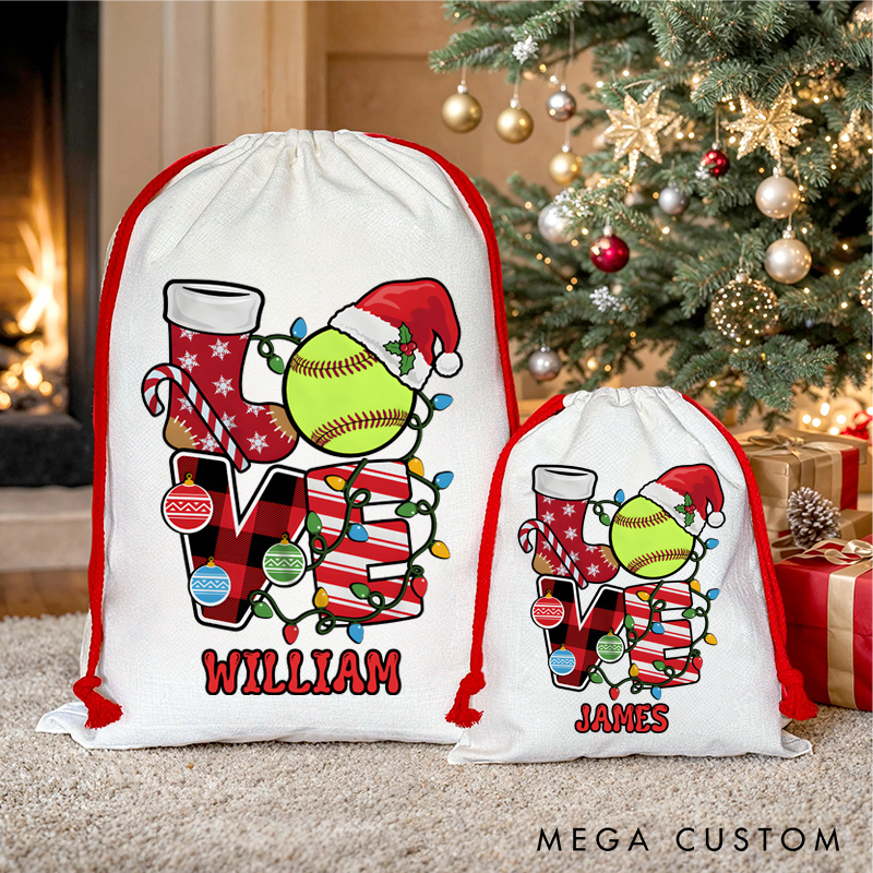 Personalized Christmas Sack with Softball "LOVE" Design and Custom Name