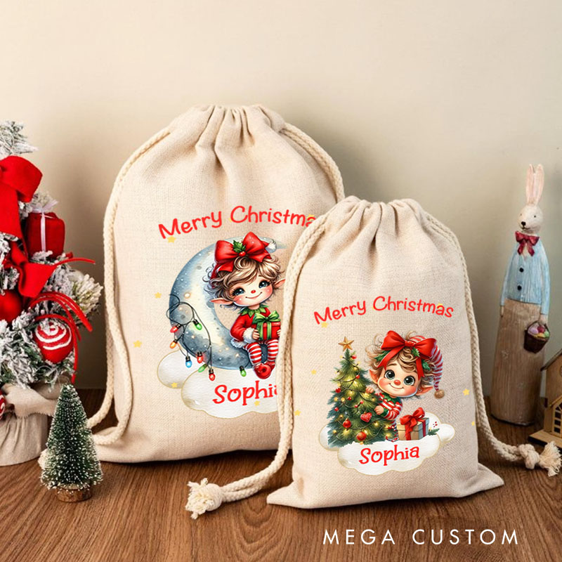 Personalized Dreamy Christmas Elf Moon Cloud Christmas Bag Name and Christmas Gift for Baby Kid