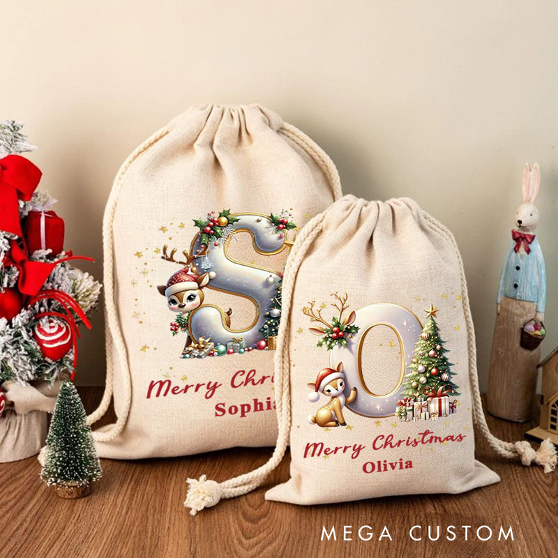 Personalized Initial Christmas Bag with Festive Tree and Reindeer Design Featuring Name for Holiday Fun