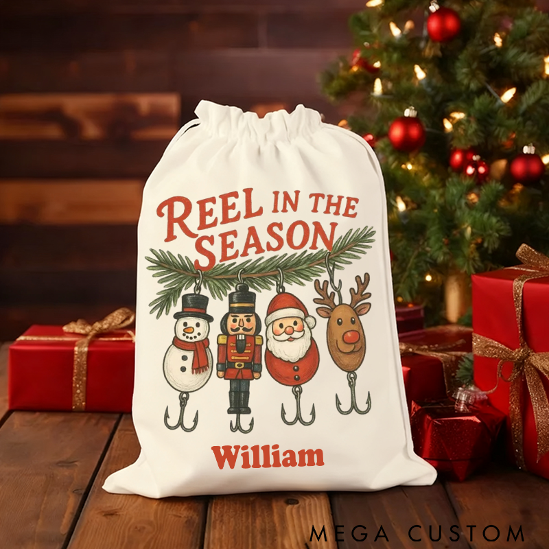 Personalized Fishing Christmas Sack Christmas Gift Bag with Reel in the Season Design Large Capacity Perfect Holiday Gift for Fishing Enthusiast