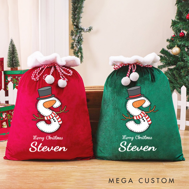 Personalized Cartoon Snowman Initial Santa Sack Drawstring Gift Bag with Name Merry Christmas Party Favor