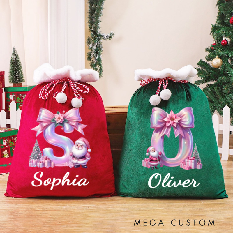 Personalized Christmas Cartoon Character Christmas Sack with Glitter Pink Bow Initial and Name Christmas Gifts