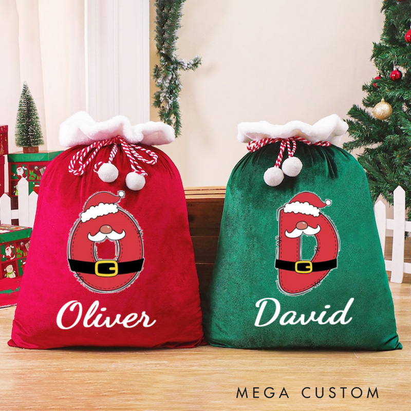 Personalized Cartoon Initial Santa Sack Drawstring Gifts Bag with Name Merry Christmas Party Favors