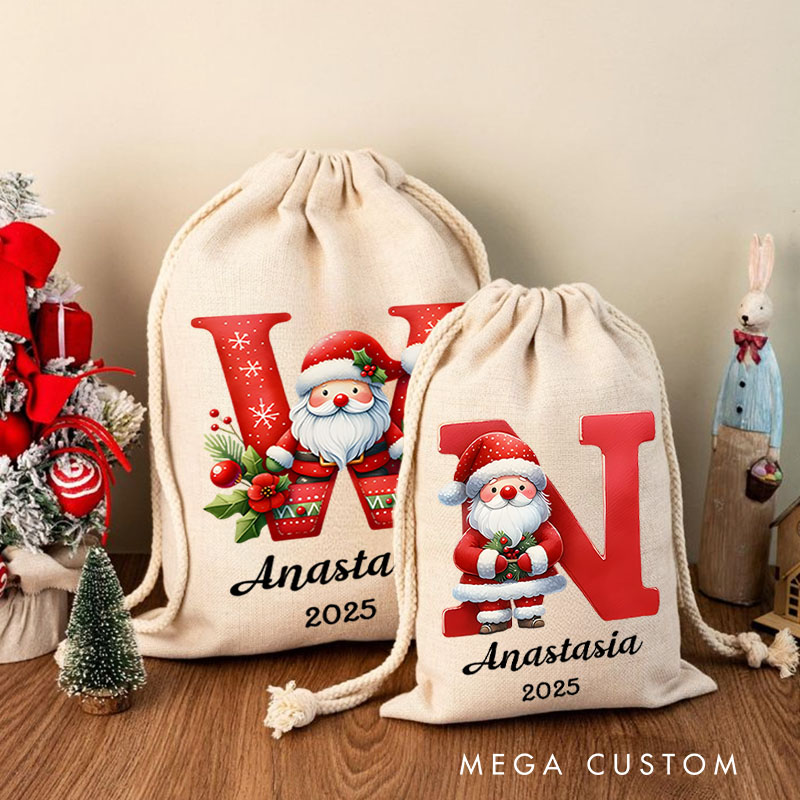 Personalized Santa and Candy Cane Christmas Bag with Initial and Name for a Festive Holiday Season