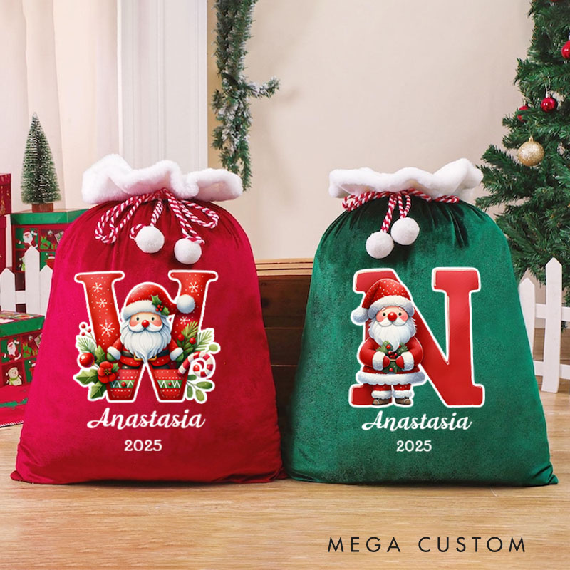 Personalized Colorful Initial Christmas Bag with Santa and Name for a Merry Holiday Experience