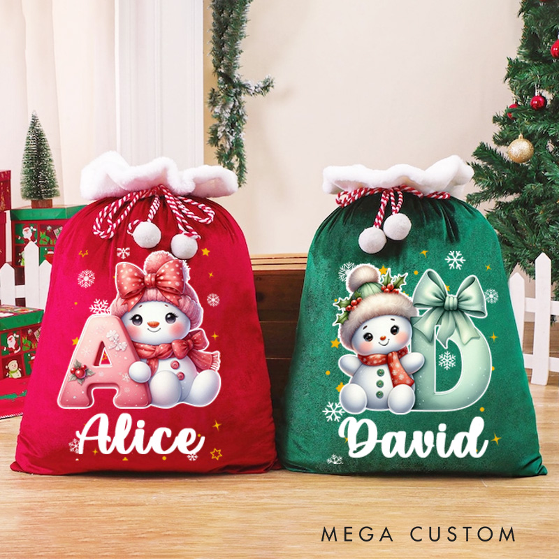 Personalized Cute Cartoon Santa Hat Snowman Initial Drawstring Gift Bag with Name Christmas Gift 