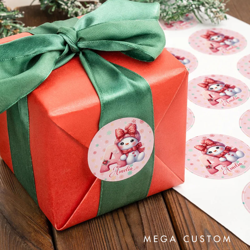Personalized Cute Cartoon Bow Snowman Stickers Labels with Name and Initial Gift Decor Christmas Party Favors for Family Friend Kid