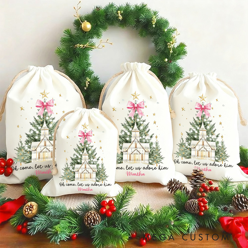 Personalized Oh Come Let Us Adore Him Canvas Drawstring Gift Bag with Name Coquette Bow Christmas Tree Lights Party Favor Bag Christmas Christian Gift