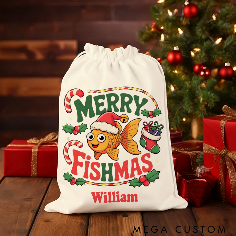 Personalized Fishing Christmas Sack Merry Fishmas Design Christmas Fishing Gift Bag Perfect Holiday Gift for Fishing Lover