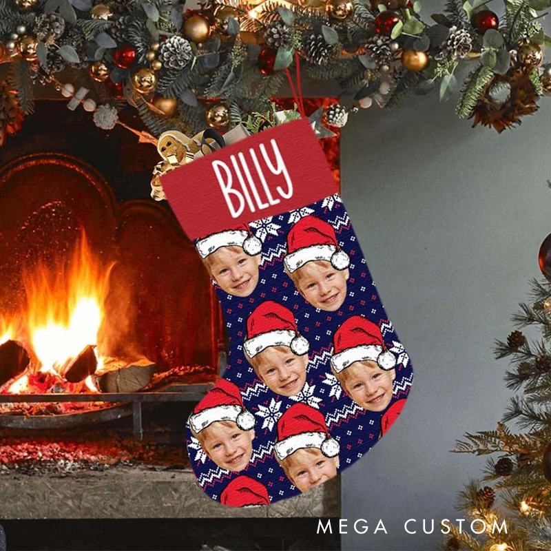 Personalized Santa Hat Face Photo Christmas Stocking with Name Fireplace Tree Hanging Festival Decor Gift