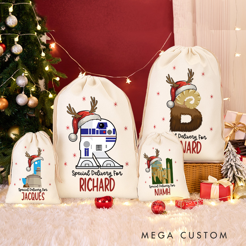 Personalized Cartoon Robot Monogram Christmas Sack for Space Movie Lovers Santa Sack Christmas Gift Bag for Kids