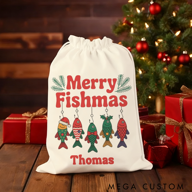 Personalized Christmas Fishing Gift Bag Fishing Christmas Sack Merry Fishmas Design Custom Name Perfect Holiday Gift for Fishing Lover