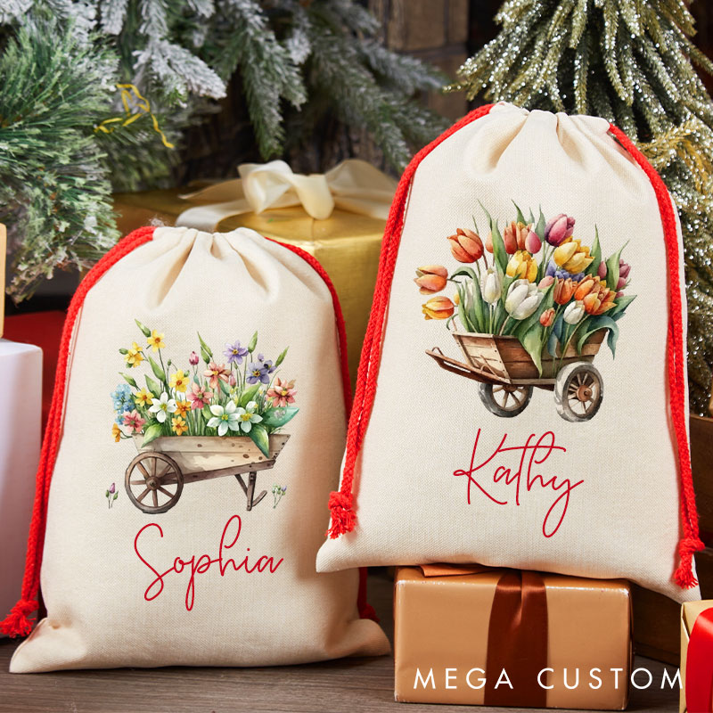 Personalized Christmas Gift Sack Garden Favor Bags Wheelbarrow Floral Design Christmas Gifts