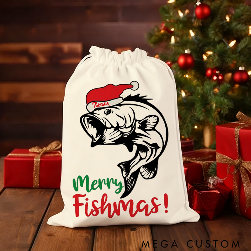 Personalized Fishing Christmas Sack Christmas Fishing Gift Bag Merry Fishmas Design Perfect Holiday Gift for Fishing Lover
