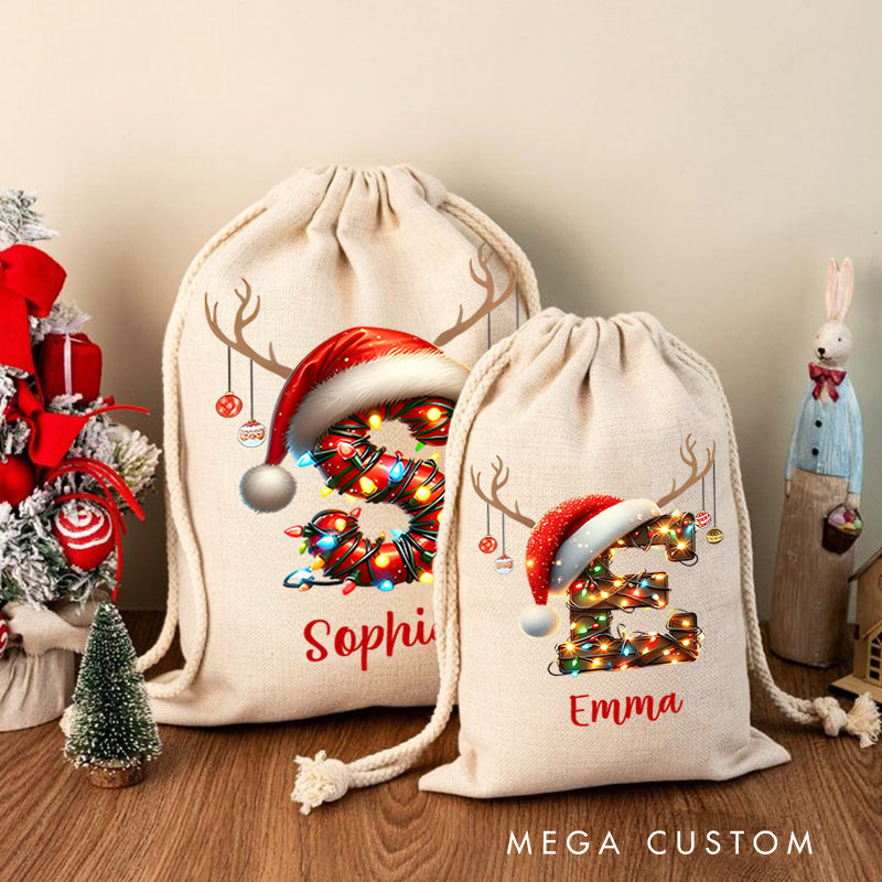 Personalized Santa Hat Initial Christmas Bag with Festive Lights and Name for Holiday Fun