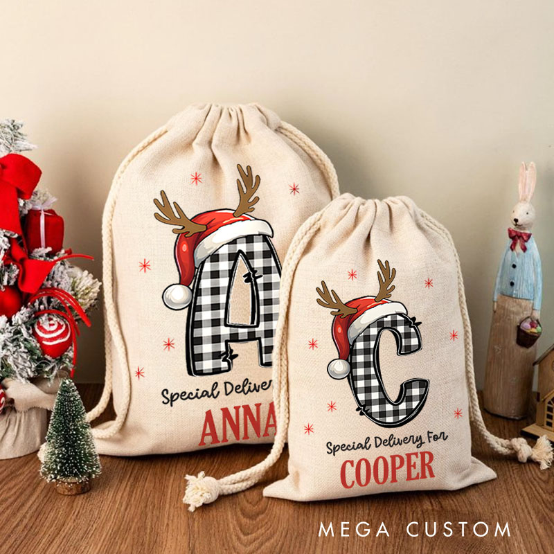 Personalized Plaid Initial Christmas Bag with Reindeer Antlers and Name for a Special Holiday Delivery