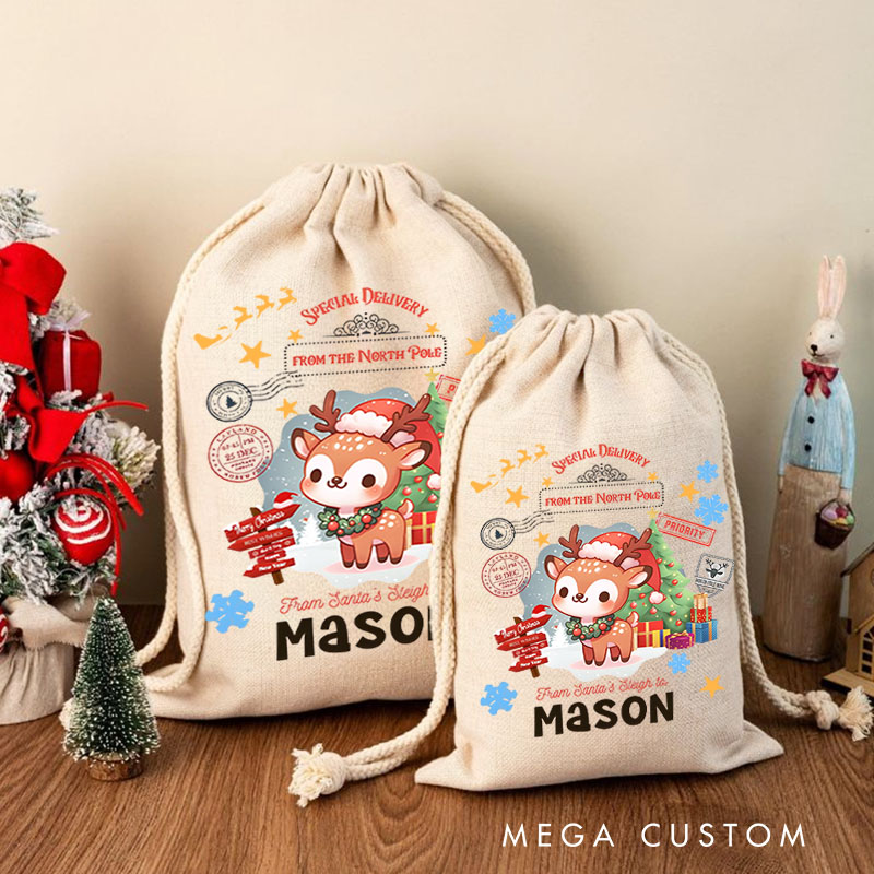 Personalized Deer and Snowflakes Christmas Bag with Name for a Festive and Joyful Celebration