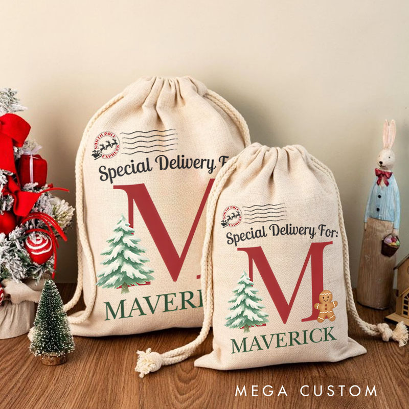Personalized Festive Initial Christmas Bag with Gingerbread and Tree Featuring Name for a Special Delivery