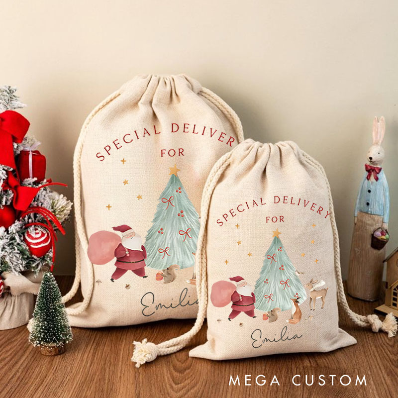 Personalized Santa and Reindeer Christmas Bag with Special Delivery Message and Name for a Magical Holiday