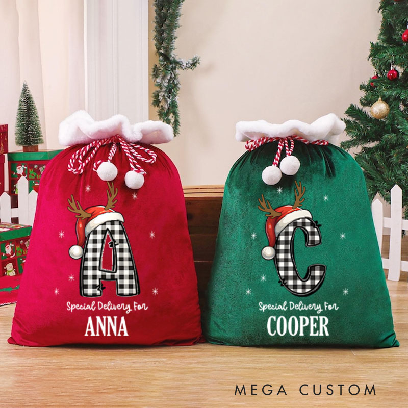 Personalized Plaid Initial Christmas Bag with Reindeer Antlers and Name for a Special Holiday Delivery Gift for Kids Baby