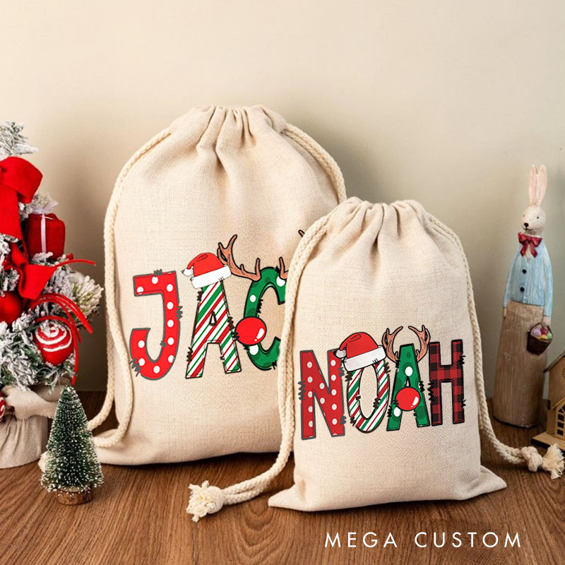 Personalized Festive Name Christmas Bag with Santa Hat and Reindeer Antlers for Holiday Cheer